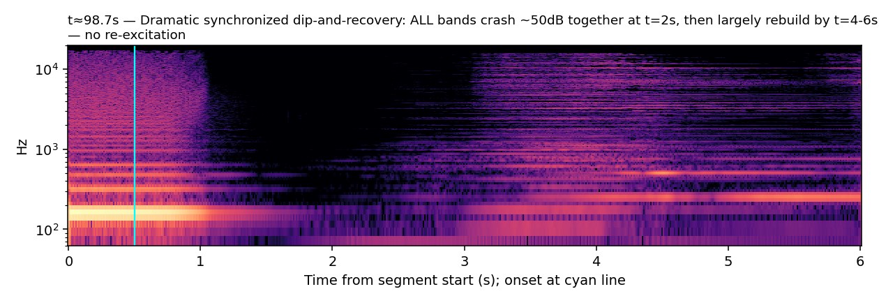 Spectrogram, Bow, synchronized dip-and-recovery, t≈98.7s