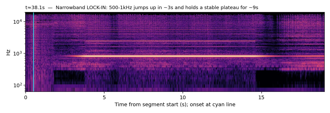 Spectrogram, Brushes, narrowband lock-in, t≈0:38