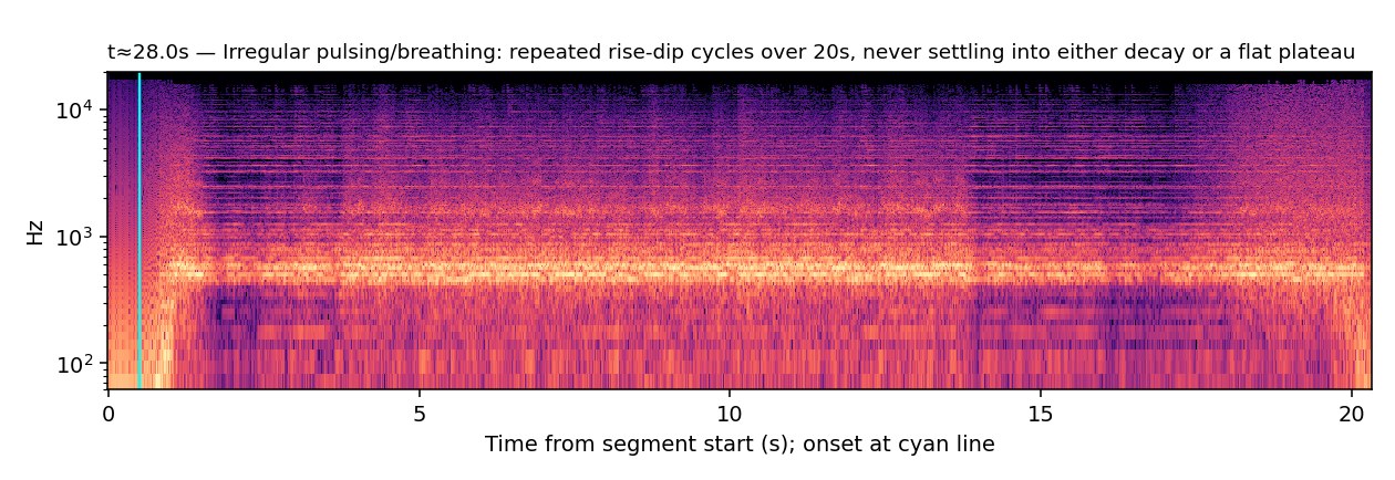 Spectrogram, Guiro, irregular pulsing, t≈28.0s